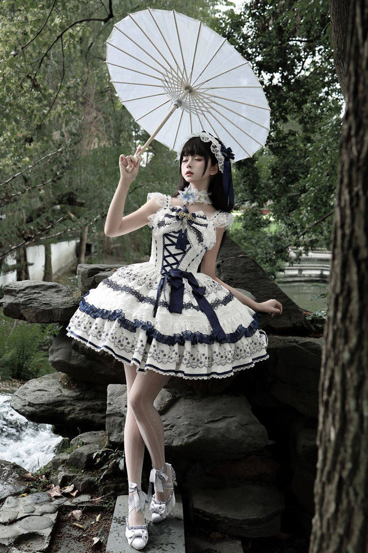 White/Blue [Mandarin Duck Rhapsody] Sleeveless Porcelain Printed Ruffled Bow Lace Chinese Style Sweet Lolita Jsk Dress - Product - 6