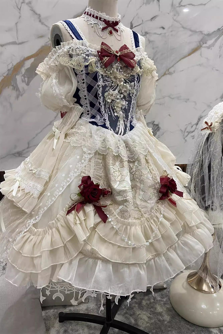 Blue/Ivory Snow White Off Shoulder Ruffle Cardigan Bowknot Lace Sweet Gorgeous Lolita Dress - Product - 4
