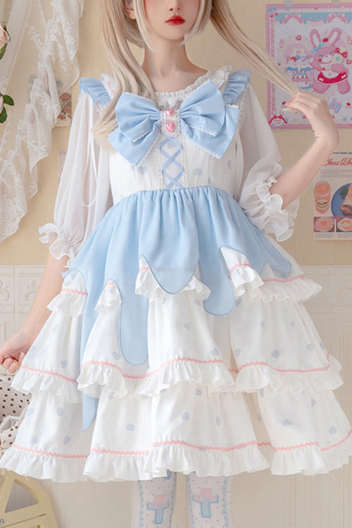 White/Blue Multi-Layer Ruffled High Waist Sweet Lolita Layered JSK Dress - White/Blue - 1