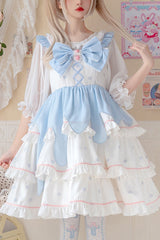 White/Blue Multi-Layer Ruffled High Waist Sweet Lolita Layered JSK Dress - White/Blue - 1