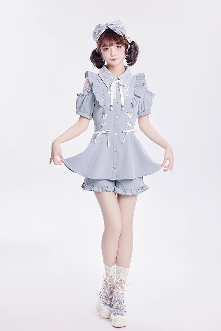 [Alice of Wednesday] Sweet Off Shoulder Short Sleeves Ruffle Bowknot Lace-Up Japanese Jirai Kei Dress Shorts Set 3 Colors - Product - 6