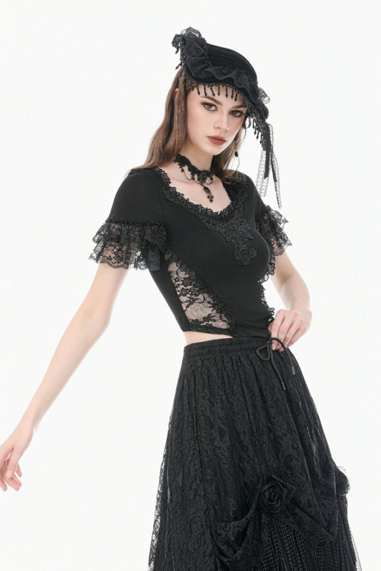 Black Women's Gothic Square Collar Double-Layered Lace Short Sleeves Embroidered Slim Fit Top - Product - 6