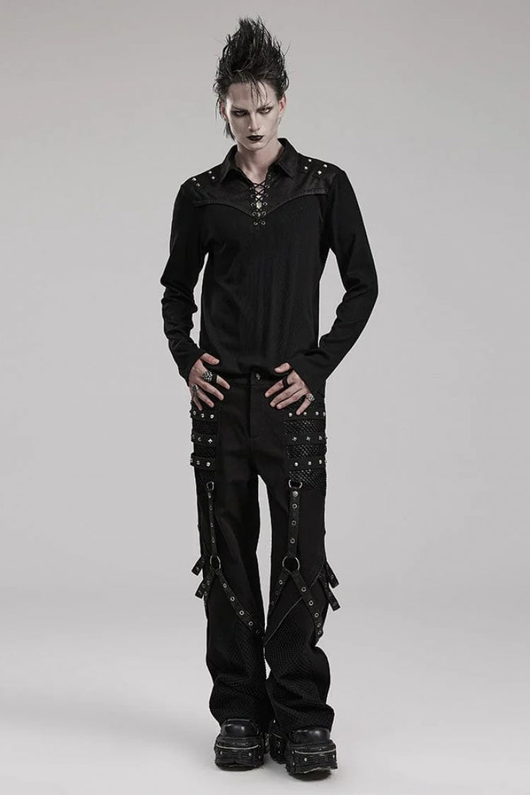 Black Lapel Collar Long Sleeves Stitching Mens Steampunk T-Shirt - Product - 4