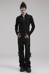 Black Lapel Collar Long Sleeves Stitching Mens Steampunk T-Shirt - Product - 4