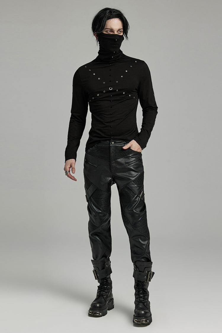 Black Zipper Men's Punk Faux Leather Pants - Product - 4