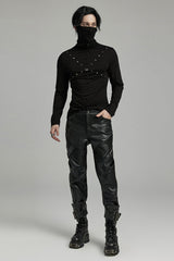 Black Zipper Men's Punk Faux Leather Pants - Product - 4