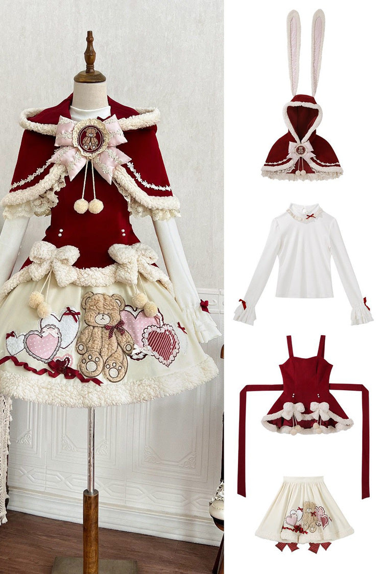 Red/Beige [Heart Bear] Embroidered Sweet Lolita Jsk Dress Set - Product - 3