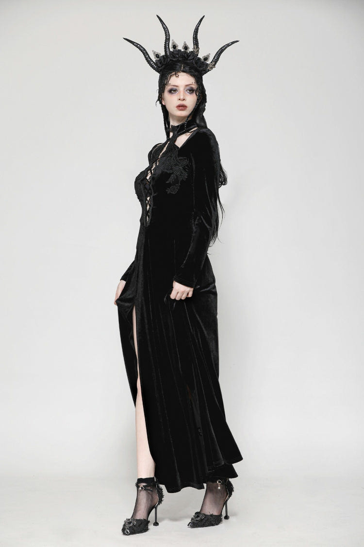 Black Long Sleeves Cut-Out Lace-Up Women's Gothic Side Slit Velvet Party Dress Wedding Dress - Product - 8