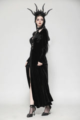 Black Long Sleeves Cut-Out Lace-Up Women's Gothic Side Slit Velvet Party Dress Wedding Dress - Product - 8