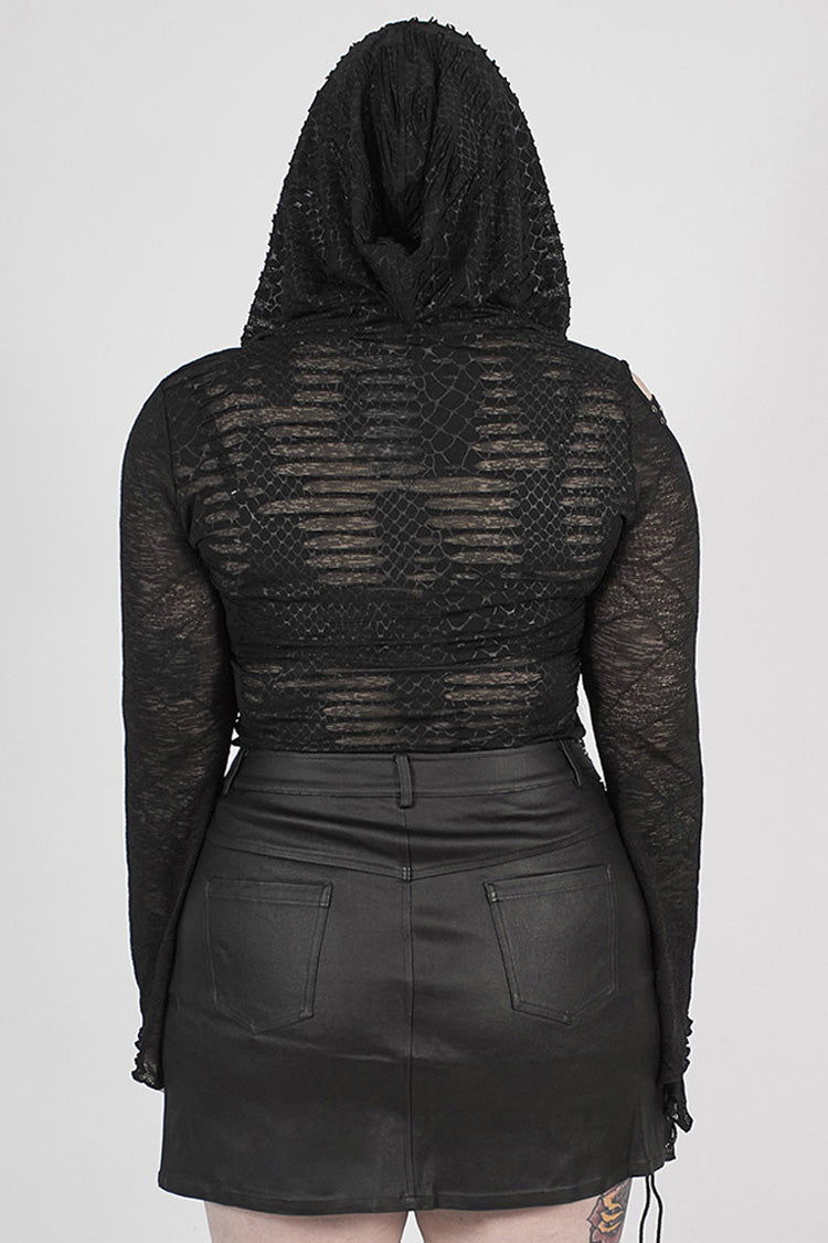 Black Front Chest Lace-Up Flare Sleeve Splice Mesh Plus Size Broken Holes Knit Hooded Women's Punk T-Shirt - Product - 4