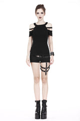 Black Off Shoulder Straps Short Sleeves Cut-Out Women's T-Shirt - Product - 6