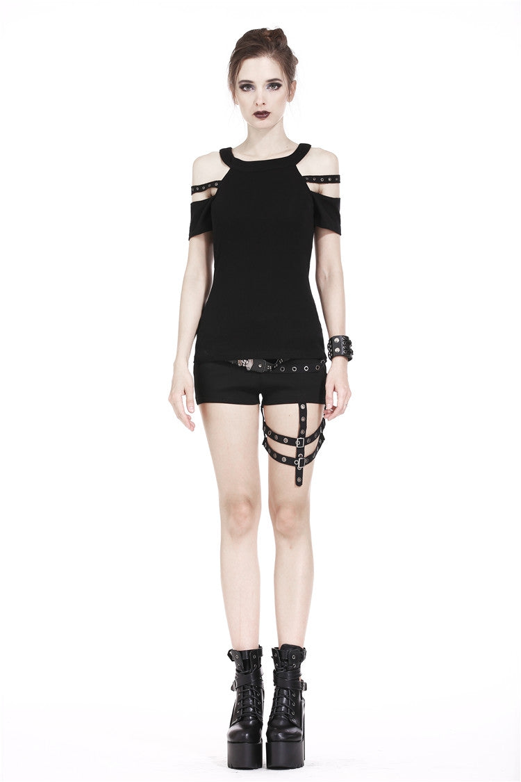 Black Off Shoulder Straps Short Sleeves Cut-Out Women's T-Shirt - Product - 6
