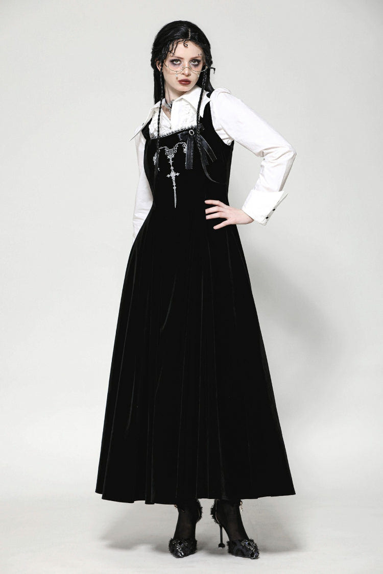 Black Horn Embroidered Lace-Up Women's Gothic Velvet Maxi Dress - Product - 11