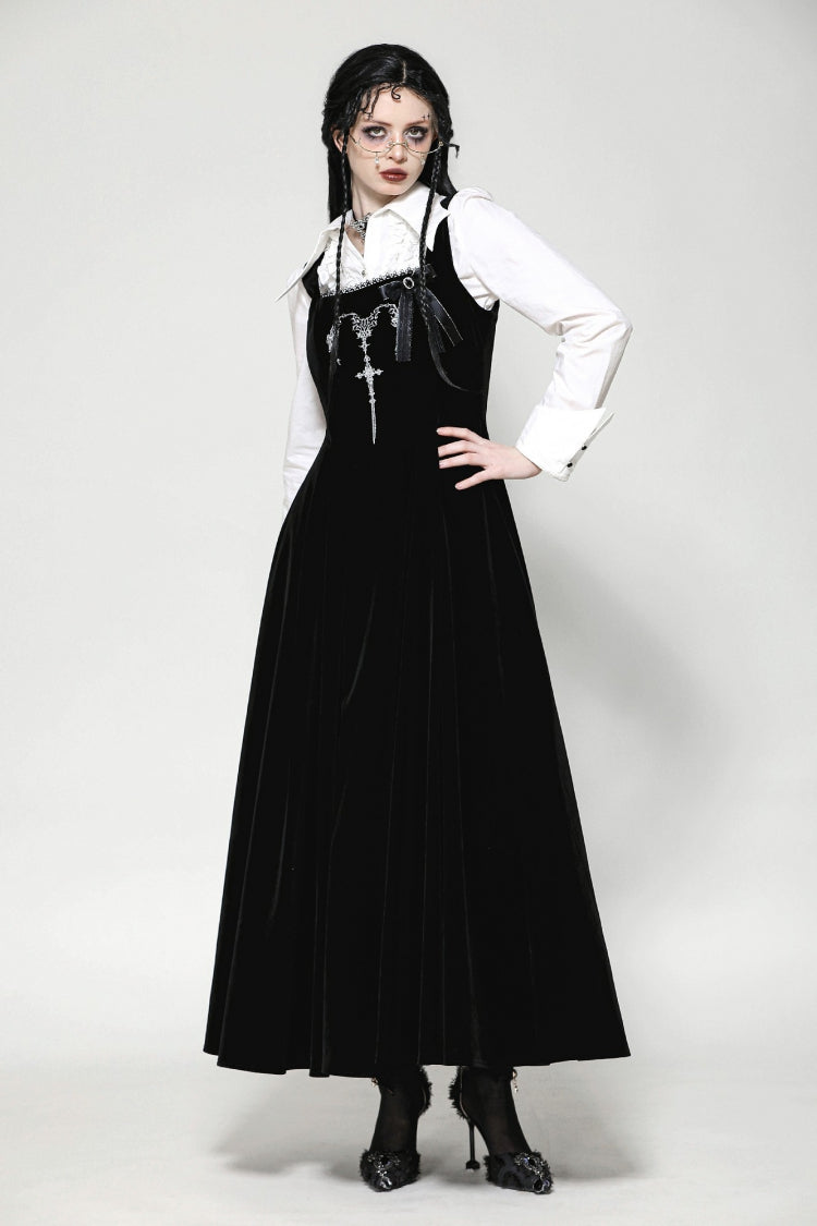 Black Horn Embroidered Lace-Up Women's Gothic Velvet Maxi Dress - Product - 11