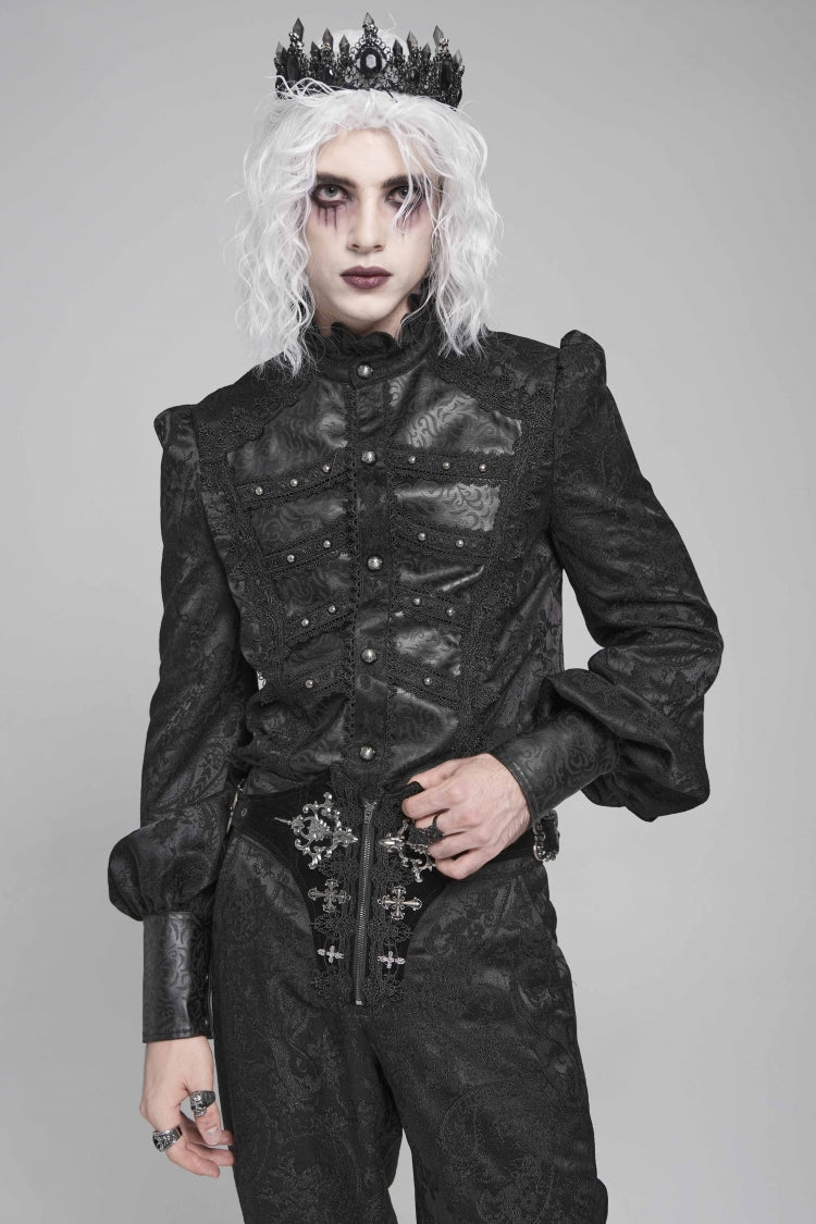 Black Stand Collar Long Lantern Sleeves Floral Print Embroidery Men's Gothic Blouse - Black - 1