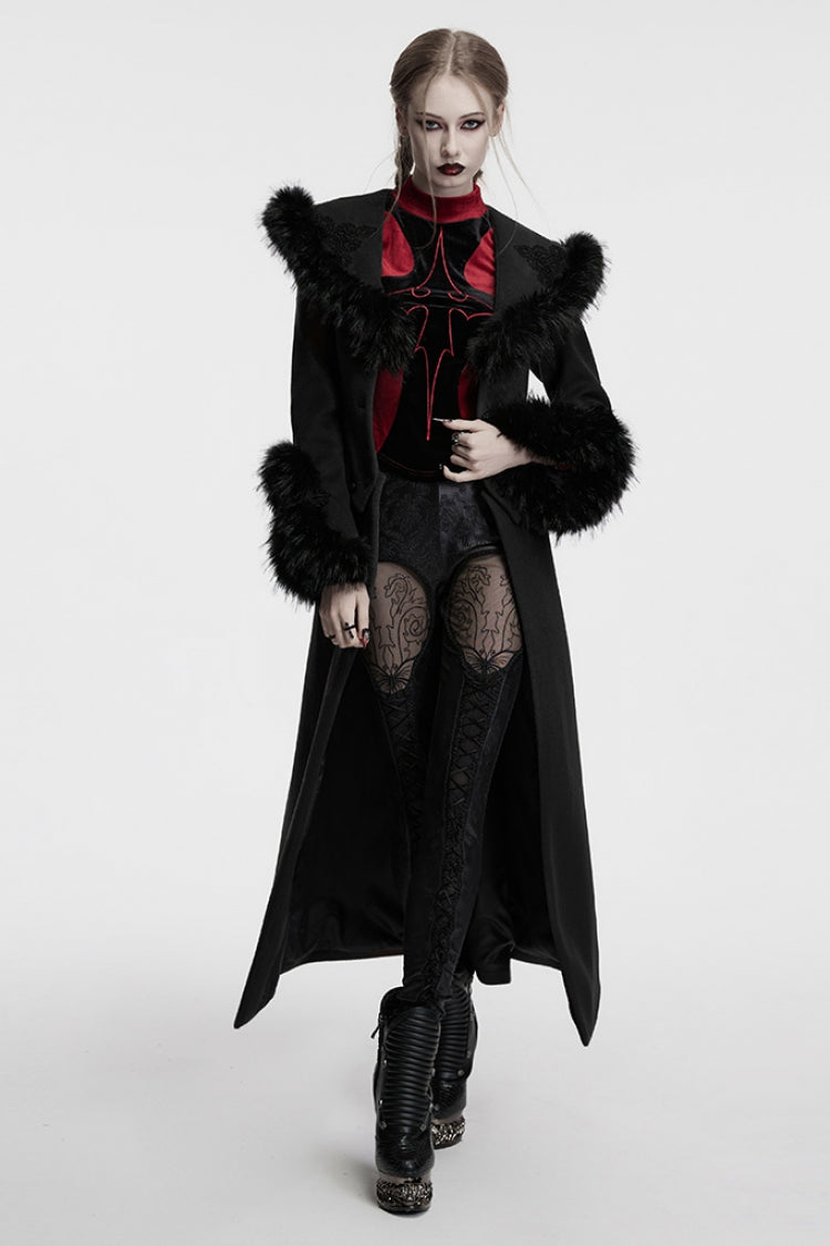 Black Long Sleeves Faux Fur Stitching Lace-Up Detachable Women's Gothic Coat - Product - 4
