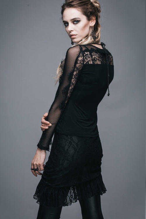 Black Sexy Lace Pattern Long Sleeves Gothic Womens T-Shirt - Product - 6