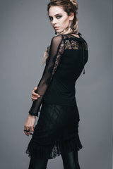 Black Sexy Lace Pattern Long Sleeves Gothic Womens T-Shirt - Product - 6