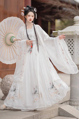 Original Chinese Ancient Style Heyungui Hand Embroidery Sweet Hanfu Dress Full Set - White - 6
