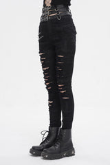 Black High Waisted Loophole Ripped Buckle Women's Punk Pants - Product - 4