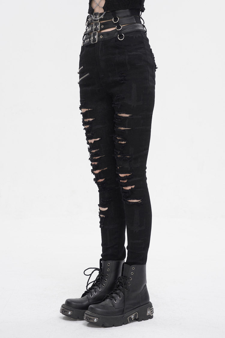 Black High Waisted Loophole Ripped Buckle Women's Punk Pants - Product - 4