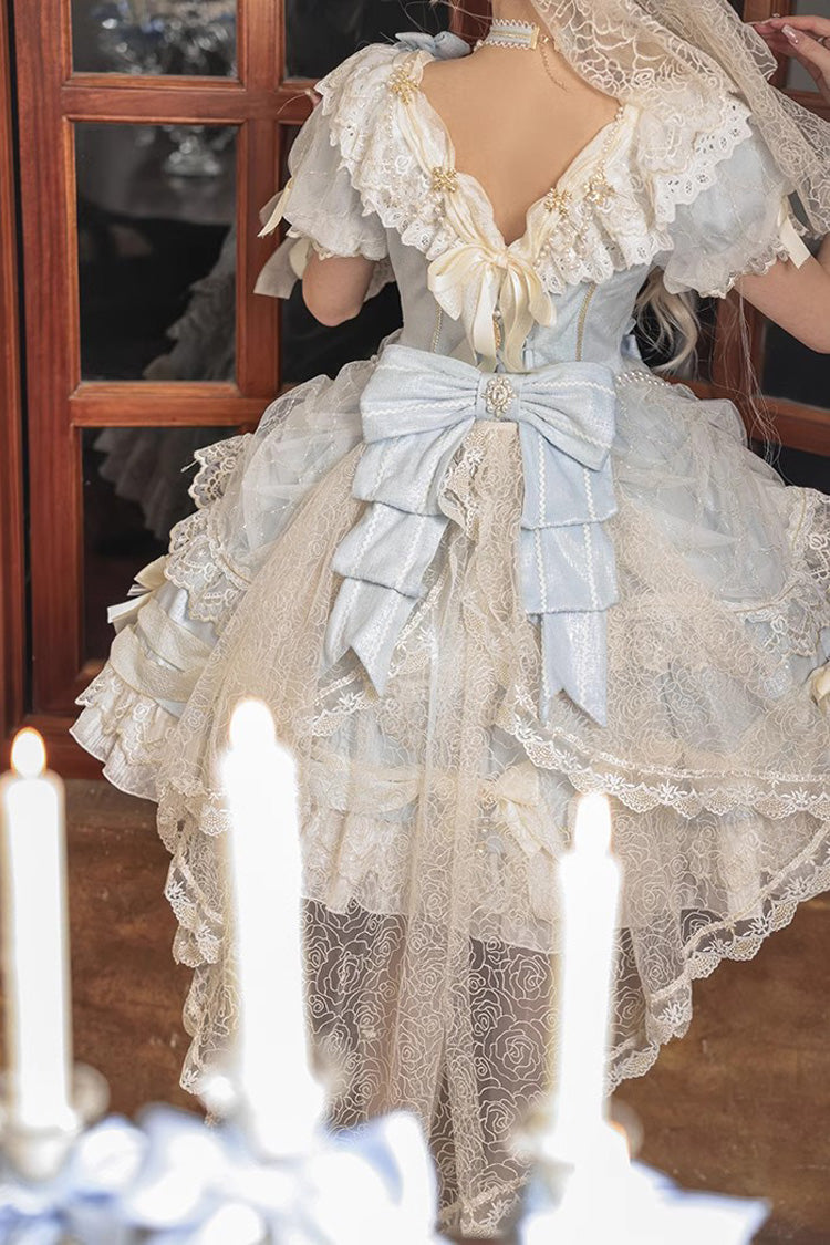 Light Blue [Girls' Day] Short Sleeves Multi-Layered Ruffle Bowknot Lace Sweet Lolita Dress 2 Versions - Product - 7