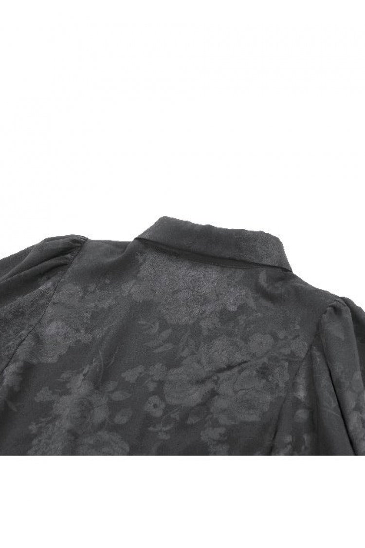 Black Point Collar Long Bishop Sleeves Rose Jacquard Irregular Hem Women's Gothic Blouse with Detachable Tie - Product - 18