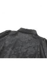 Black Point Collar Long Bishop Sleeves Rose Jacquard Irregular Hem Women's Gothic Blouse with Detachable Tie - Product - 18