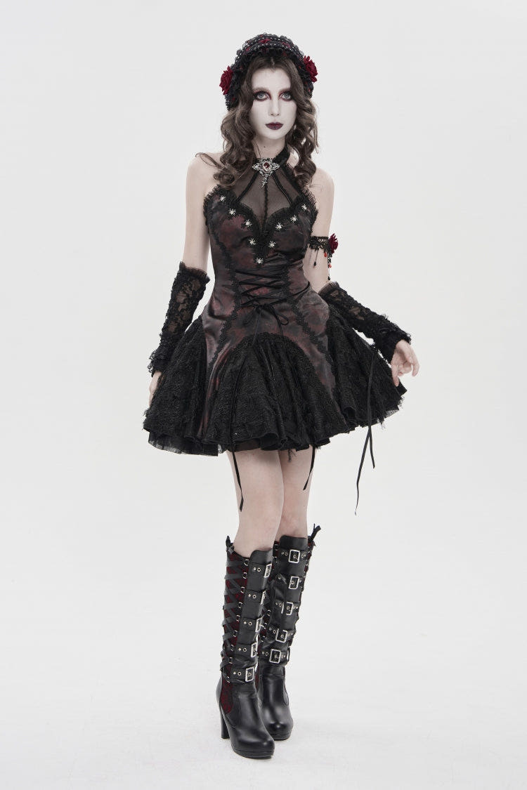 Black/Red Off Shoulder Sleeveless Printed Spliced Lace Lace-Up Pleated Women's Gothic Dress - Black/Red - 1