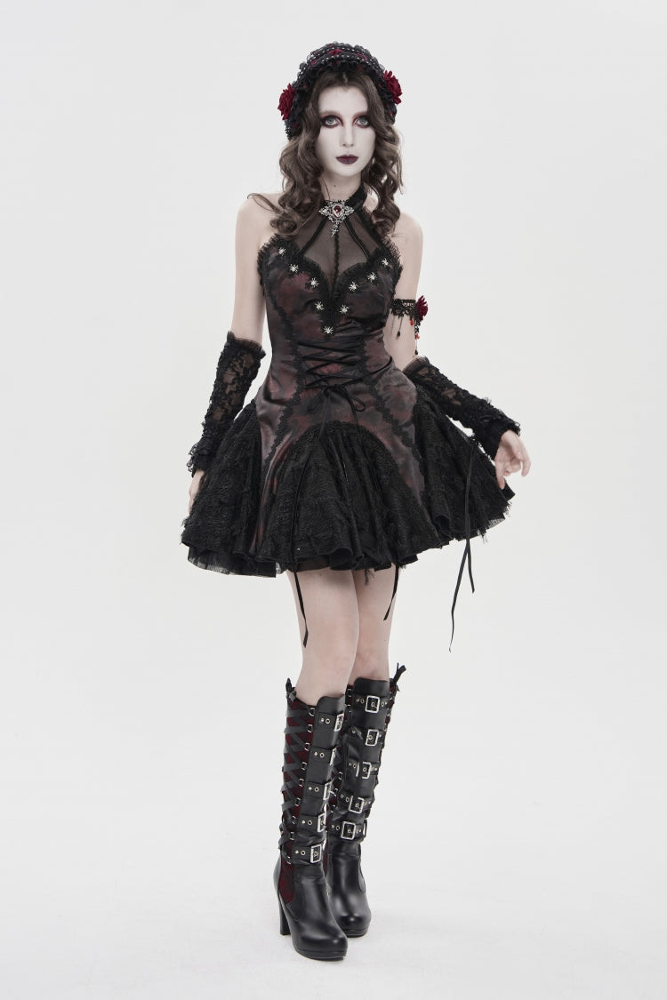 Black/Red Off Shoulder Sleeveless Printed Spliced Lace Lace-Up Pleated Women's Gothic Dress - Black/Red - 1