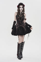 Black/Red Off Shoulder Sleeveless Printed Spliced Lace Lace-Up Pleated Women's Gothic Dress - Black/Red - 1