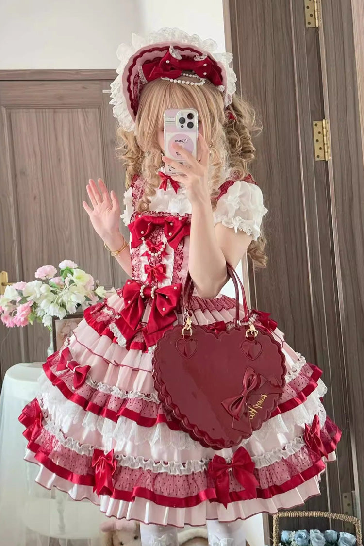 Red [Ribbon Berries] Sleeveless Multi-Layered Ruffle Bowknot Lace Sweet Lolita Jsk Dress - Product - 2