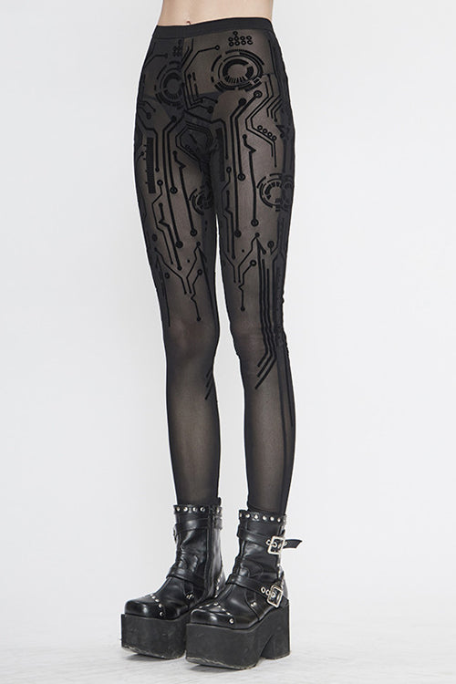 Black Punk Circuit Diagram Flocking Stretch Mesh Leggings Womens Pants - Product - 3
