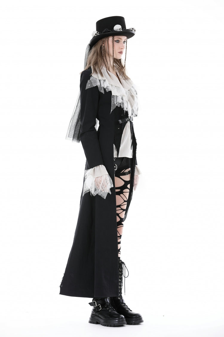 Black Peak Lapel Collar Long Sleeves Irregular Distressed Women's Gothic Punk Coat with Belt - Product - 8