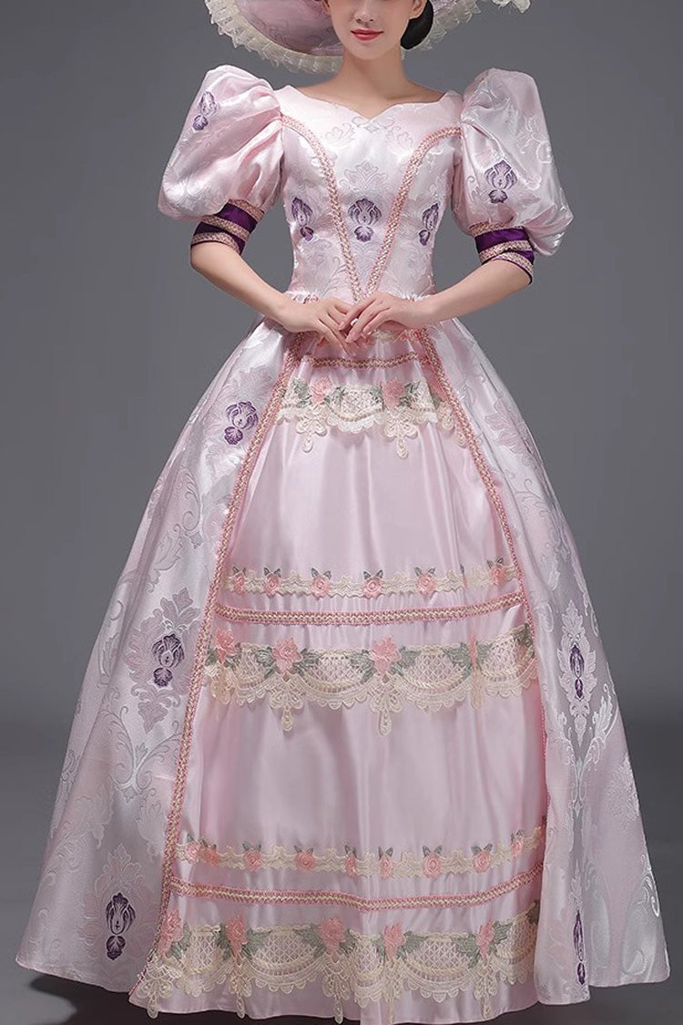 Pink European Court Short Sleeves Print Embroidery Cardigan Sweet Vintage Princess Victorian Dress - Pink - 1