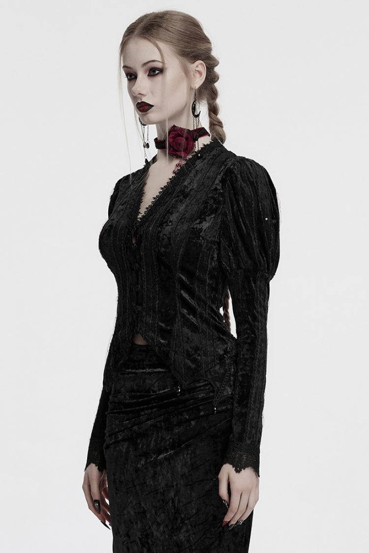 Black V Collar Long Puff Sleeves Women's Gothic Blouse - Product - 2