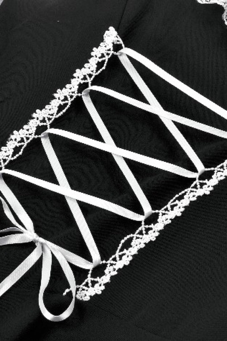 Black/White Faux Two-Piece Doll Collar Long Sleeves Lace-Up Women's Lolita Gothic Graduation Dress - Product - 15