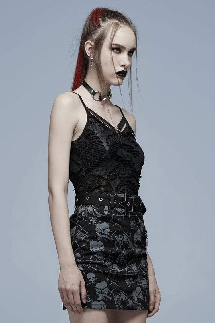 Black Gothic Daily Stretch Knit Metal Skull Decoration Sexy Women's Camisoles - Product - 2