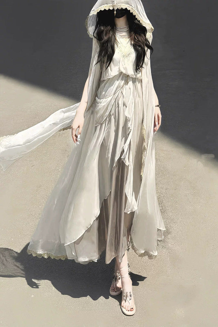 White [Angel of Judgment] Greek-Inspired V Collar Sleeveless Ruffled Embroidered Asymmetric Sweet Lolita Jsk Dress Set - Product - 5