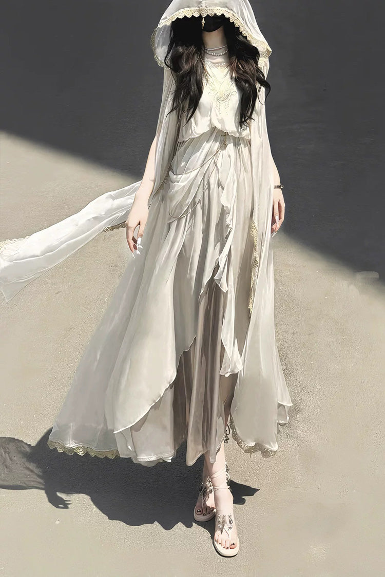 White [Angel of Judgment] Greek-Inspired V Collar Sleeveless Ruffled Embroidered Asymmetric Sweet Lolita Jsk Dress Set - Product - 5