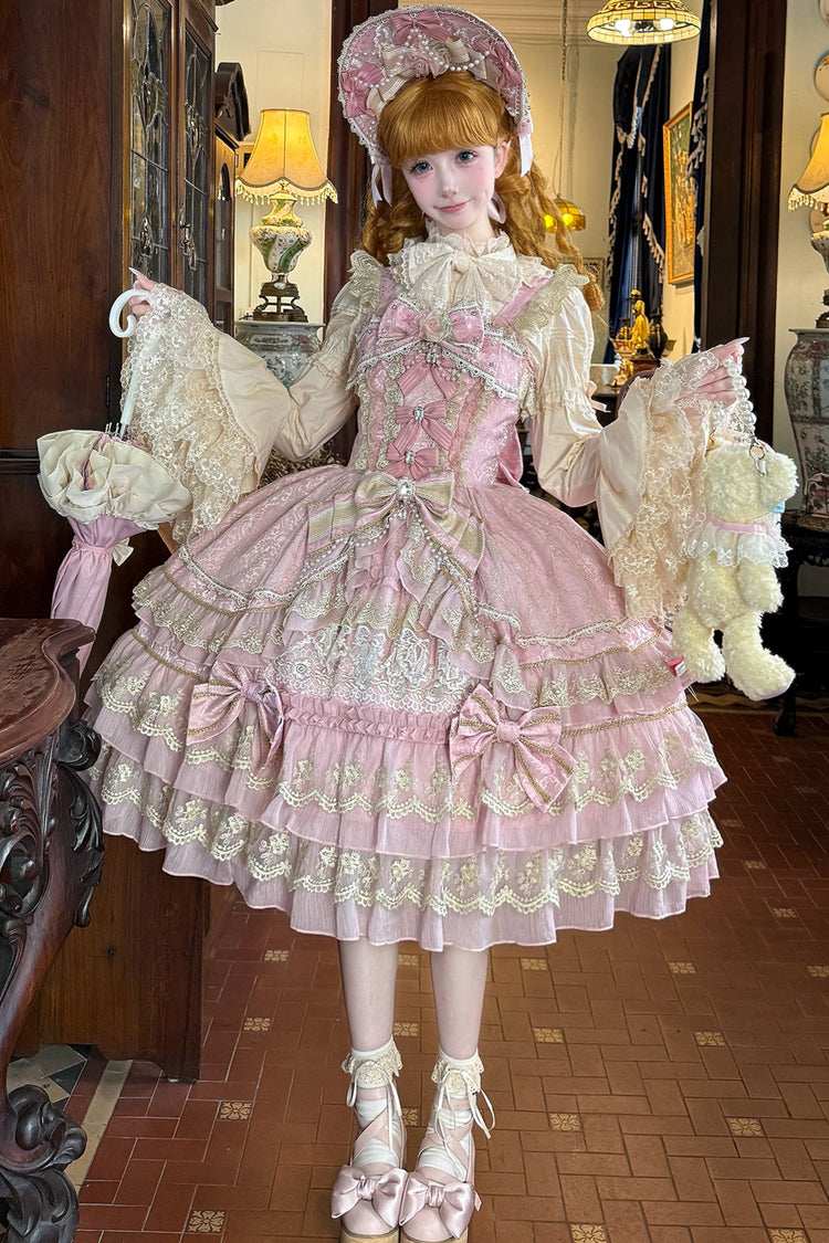 Pink [Crown of Gems] Triple-Layered Ruffle Bowknot Lace Sweet Gorgeous Lolita Jsk Dress - Product - 6