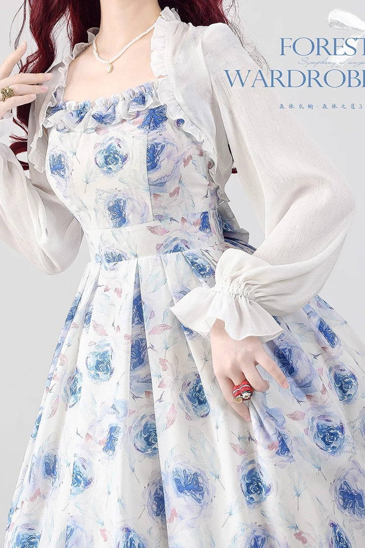 Blue/White Rose Print [Forest Basket] Bowknot Sweet Elegant Lolita Jsk Dress - Product - 3