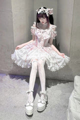 Pink/White [Pearl Nocturne] Square Collar Flutter Sleeves Multi-Layered Printed Ruffled Bow Lace Sweet Japanese Lolita Dress - Product - 5