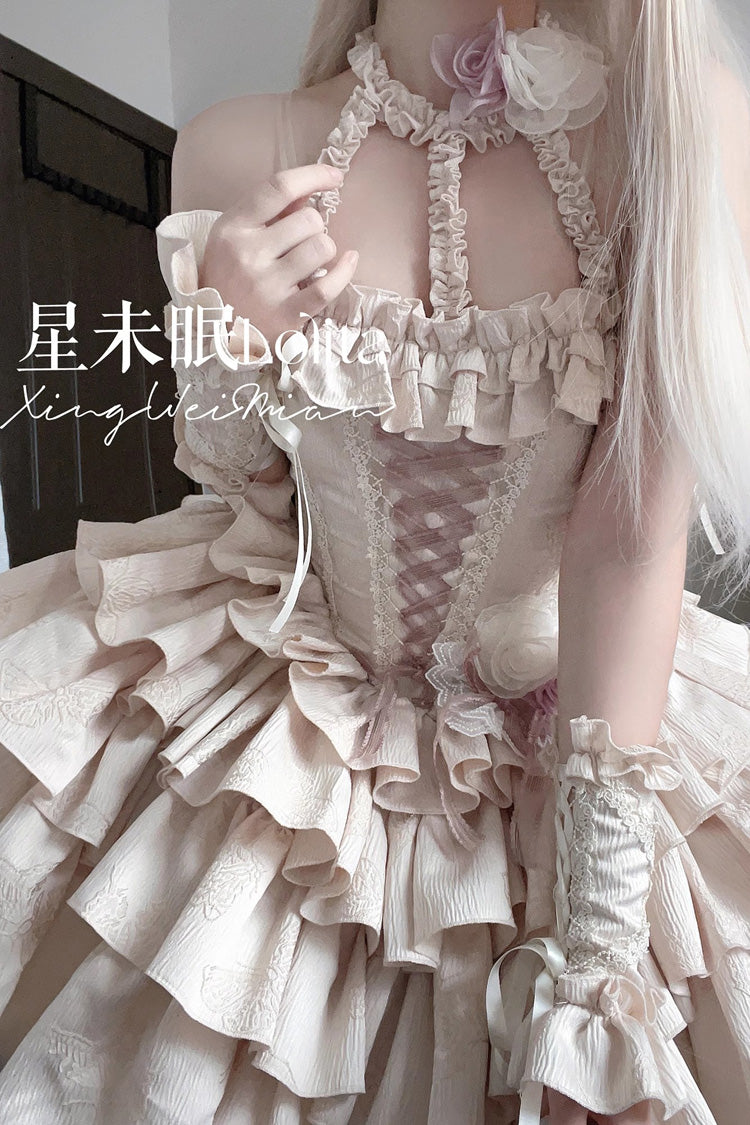 [Sunset Venus] Halterneck Sleeveless Multi-Layered Ruffle Bowknot Lace Fishbone Sweet Lolita Dress 2 Colors - Product - 3