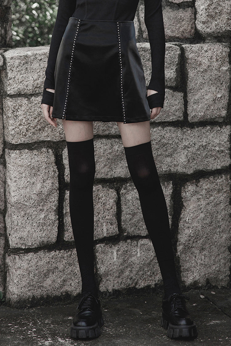 Black Rivet Lace A Version Slit Leather Women's Punk Skirt - Black - 1