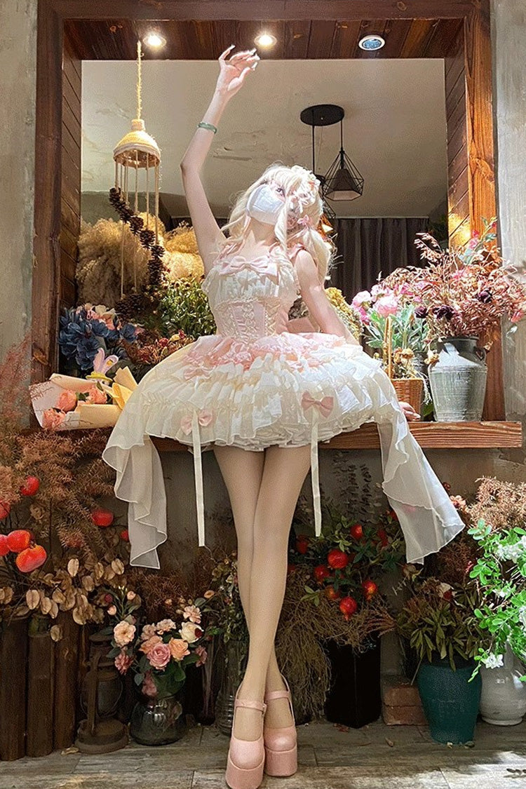 Pink [Dance of Time] Sleeveless Multi-Layered Ruffle Bowknot Lace Sweet Ballet Lolita Jsk Dress - Product - 2