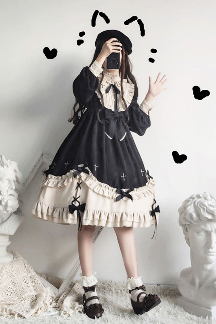 Black Round Collar Chest Bow Cross Print Ruffled Sweet Lolita Op Dress - Product - 6