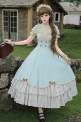 Blue [Sea Salt Snow Cap] Stand Collar Short Sleeves Petal Hem Ruffled Bow Sweet Lolita Dress Set 2 Versions - Blue(Long-Version) - 11
