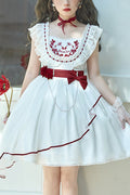 White Square Collar Ruffled Strap Waist Bow Sweet (Dress Only) front view