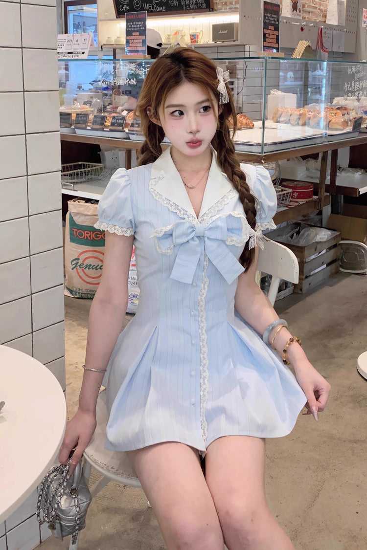 Aqua V Collar Short Puff Sleeves Stripe Print Ruffle Bowknot Sweet Jirai Kei Dress - Product - 4